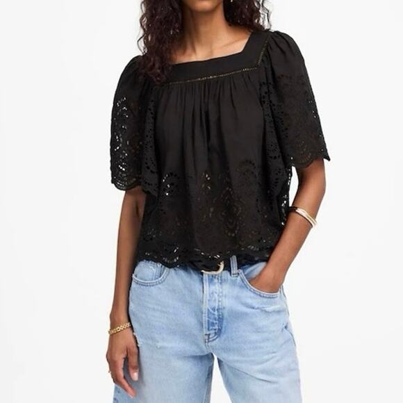 NWT Madewell Embroidered Eyelet Flutter-Sleeve Lace Trim Top Jet Black Medium - Picture 1 of 11